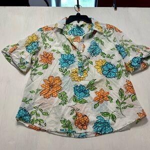 Cathy Daniels Women’s Floral Button Blouse XL 100% Cotton Textured Dot White Top